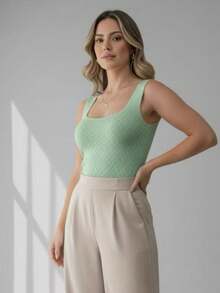 Women's Basic Modal Knit Bodysuit With Square Neckline - Summer Fashion - Green - View 2