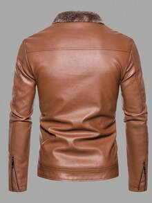 Men's Autumn/Winter Jacket, Thermal Lined Thick PU Leather Motorcycle Jacket, Casual Wear - Burnt Orange - View 3
