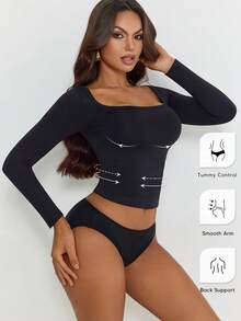 Top à manches longues, col rond simple, élastique, couleur unie pour femmes