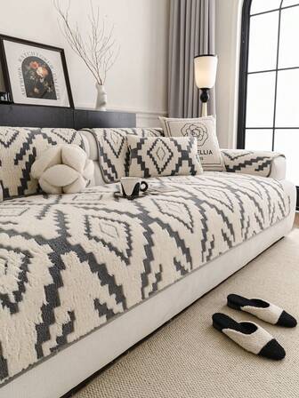 1pc Thick Plush Winter Sofa Cushion, Geometric Pattern Sofa Cover Winter Warm Sofa Seat Cushion, Pet-Friendly Anti-Scratch Sofa Protector Cover, Machine Washable Home Decor, Suitable For L-Shaped Combination Sofa And 1/2/3/4 Seater Sofa (Sold Separately)