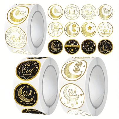500张/卷 开斋节快乐贴纸，金色箔纸斋月涂鸦贴纸，1英寸圆形，3种款式可选，新月灯笼开斋节标签，中秋节派对DIY装饰贴纸，凯撒兰标签礼盒礼品袋派对用品，PVC自粘封口贴纸，适用于开斋节庆祝活动及相关礼品标签