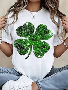 St Patrick Day Lucky Clover Sequin T Shirt Women White Casual Short Sleeve Top Sparkly Green Four Leaf Clover Design Festive Irish Apparel For St Patricks Day Celebration Comfortable Soft Cotton Blend Fashion Statement Piece Perfect For Party Outfit Or Everyday Wear And Eye Catching Graphic Tee With Shiny Rhinestones Elegant And Fun Style For Spring Season Celebrate Luck And Fortune With This Beautiful Shamrock Print Shirt Ideal Gift For Friends And Family On St Patricks Day - 白色 - 查看 1