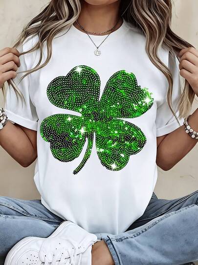 St Patrick Day Lucky Clover Sequin T Shirt Women White Casual Short Sleeve Top Sparkly Green Four Leaf Clover Design Festive Irish Apparel For St Patricks Day Celebration Comfortable Soft Cotton Blend Fashion Statement Piece Perfect For Party Outfit Or Everyday Wear And Eye Catching Graphic Tee With Shiny Rhinestones Elegant And Fun Style For Spring Season Celebrate Luck And Fortune With This Beautiful Shamrock Print Shirt Ideal Gift For Friends And Family On St Patricks Day