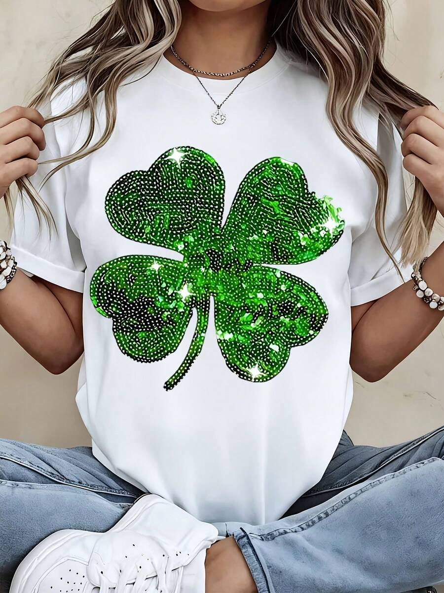 St Patrick Day Lucky Clover Sequin T Shirt Women White Casual Short Sleeve Top Sparkly Green Four Leaf Clover Design Festive Irish Apparel For St Patricks Day Celebration Comfortable Soft Cotton Blend Fashion Statement Piece Perfect For Party Outfit Or Everyday Wear And Eye Catching Graphic Tee With Shiny Rhinestones Elegant And Fun Style For Spring Season Celebrate Luck And Fortune With This Beautiful Shamrock Print Shirt Ideal Gift For Friends And Family On St Patricks Day - 白色 - 查看 1