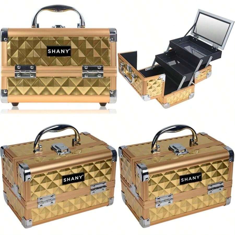 Shany Cosmetics - Portafolios de maquillaje con espejo,(Casa dorado) - Multicolor - Ver 1
