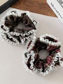 1pc Women's Fashion Elegant Fabric Plaid Lace Trim Double-Layer Hair Scrunchie, Ponytail Holder Hair Accessory, Suitable For Vacation, Daily Outings, Hair Styling Decoration, Bohemian Elegant ,Hair Ties ,Scrunchy Hair Ties - Multicolor - View 5