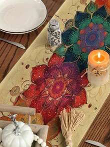 1pc Vibrant Mandala Pattern Table Runner - Layered Line Circle Design, Suitable For Indoor/Outdoor Dining, Ideal For Spring/Summer, Home Decor, Family Gatherings And Everyday Use, Excellent Dining Table Decoration - Multicolor - View 7