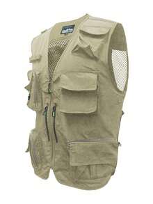 男士户外多功能背心 - 多口袋战术钓鱼徒步旅行无袖夹克，加大码轻便摄影背心，休闲夏季多口袋网眼背心 - 卡其色 - 查看 2