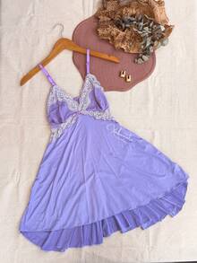 Sexy Lace Nightgown With Backless Detail, Ruffled Train, Slit, No Padding, Sleep Dress, Lingerie, Nightwear Line - 淺灰紫 - 查看 5