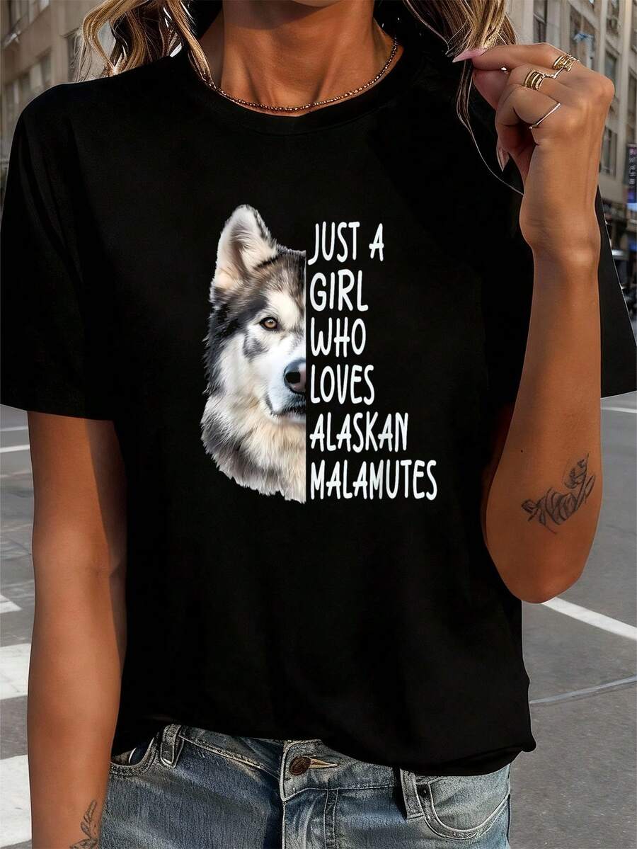 Nur ein Mädchen, das Alaskan Malamute liebt T-Shirt Damen T-Shirt Grafik-T-Shirts Crop Tops Outfits Tops T-Shirt - Schwarz - Übersicht 1