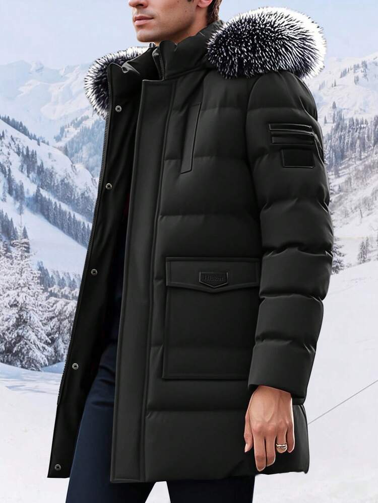 Men's Mid-Length Hooded Down Jacket, Thick Windproof Warm, Solid Color Design, Fashion New Style, Men's Casual Outerwear - Black - View 2