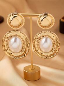 一对几何纹理椭圆形镶嵌椭圆形珍珠吊坠耳环，复古优雅女士耳环 - 金黃色 - 查看 6