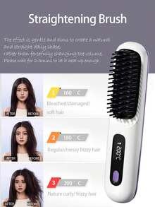 PinkSings Cordless Straightening Brush With LCD Display, Adjustable Temperature, Portable Mini Hair Straightener, Travel Essential, Negative Ion Hot Brush, Women's Styling Hair Tool, Anti-Scald, Ceramic Coating - White - View 4