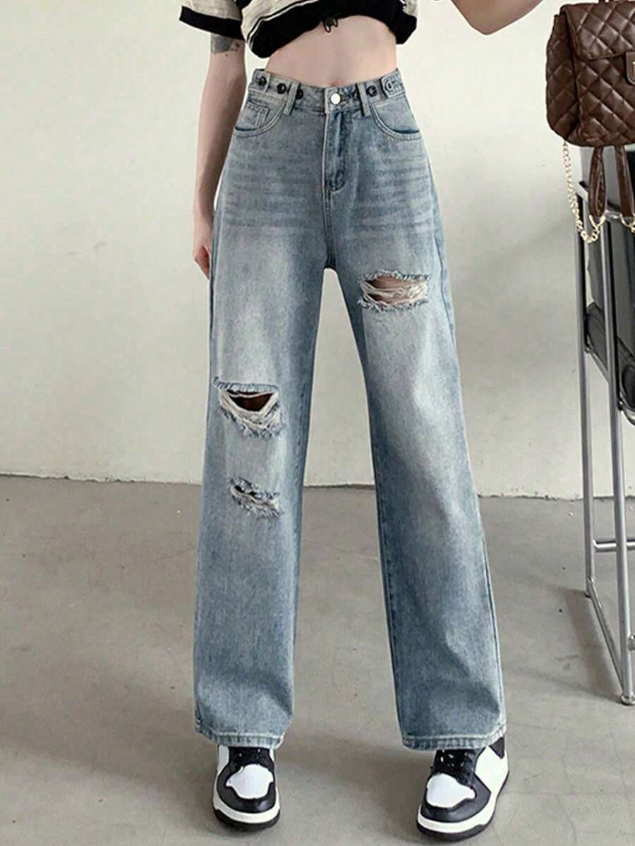 女士破洞宽松阔腿牛仔裤，可调节腰围直筒妈妈牛仔裤 - 藍色 - 查看 1