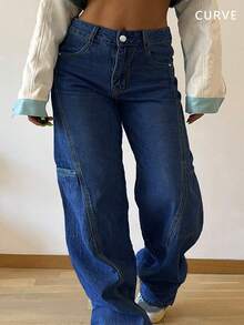 Quần jean denim ống đứng cạp chun kiểu retro Y2K dành cho nữ cỡ lớn – Kiểu dáng cơ bản, đa năng và thời trang cho mùa hè. - Rửa tối - Xem 5