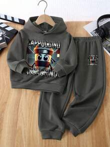 Toddler Boys' Cartoon Print Hoodie And Sweatpants Set - Dark Grey - View 1