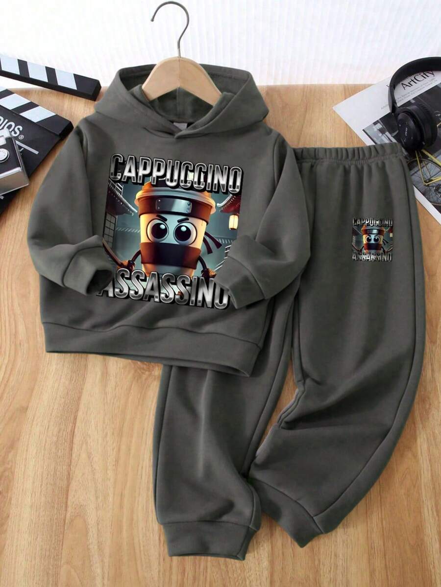 Toddler Boys' Cartoon Print Hoodie And Sweatpants Set - Dark Grey - View 1