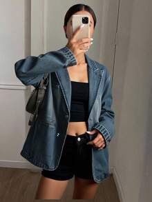 Livesso 尖领单排扣水洗牛仔夹克，返校季服装 - 中等水洗藍 - 查看 1