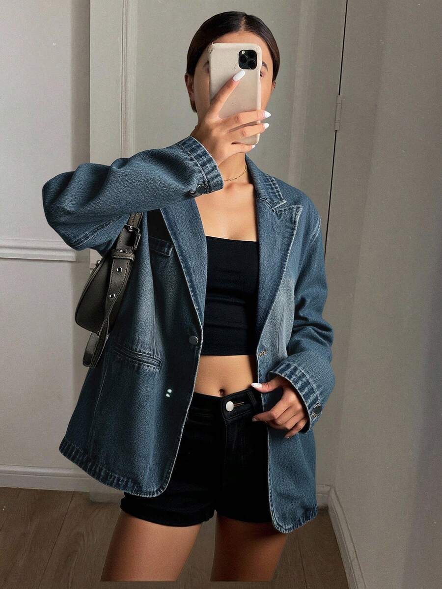 Livesso 尖领单排扣水洗牛仔夹克，返校季服装 - 中等水洗藍 - 查看 1