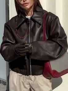 Women's H-Fit PU Jacket - Black Collar Front Zipper Design, Women's Jacket, Women's Winter Coat, Women's Leather Jacket, Fashionable Autumn/Winter Casual | Versatile Style For All Ages | Modern Jacket, Seasonal Essential - 棕色 - 查看 3