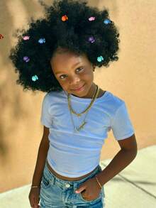 1 búi tóc Afro Puff có kẹp hoa cho trẻ em, búi tóc Afro Puff mềm mại, xoăn tít, kiểu tóc búi lớn cho bé gái, có dây chun. - màu đen - Xem 4