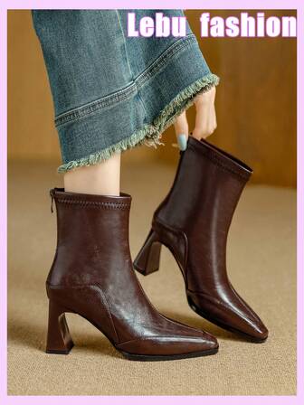 Qiluyuan Women's Fashion Short Boots, New Autumn/Winter French Elegant Solid Color Western Style Fashionable Square Toe Back Zipper High Heel Thick Heel Women's Ankle Boots, Suitable For Holidays, Office, Work, Party, Casual, Vacation, Deep Brown, Black