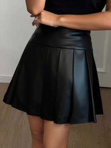 Livesso 女士休闲百搭纯色褶皱PU中长裙秋季半身裙 - 黑色 - 查看 1