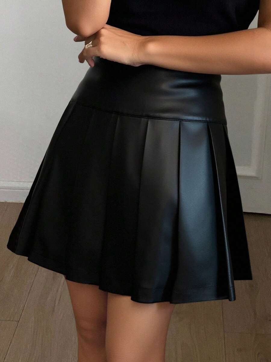 Livesso 女士休闲百搭纯色褶皱PU中长裙秋季半身裙 - 黑色 - 查看 1