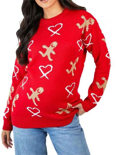 Women Christmas Sweater Gingerbread Man Print Long Sleeve Round Neck Pullovers Fall Winter Casual Loose Jumpers Knit Tops