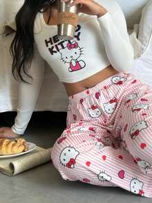 Sanrio 2pcs Women Stitch Print Crew Neck Long Sleeve Top + Elastic Waist Straight Pants Pajama Set - Pink - View 4