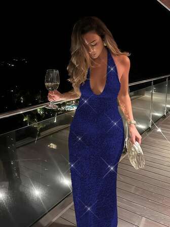 QIANZHIDU Robe longue femme à fines bretelles avec sequins, col en V profond, dos nu, convient pour gala d'entreprise, soirée, anniversaire, enterrement de vie de jeune fille, invitée de mariage