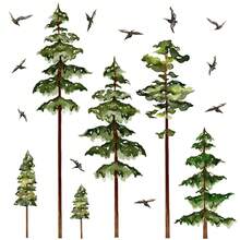 Large Pine Tree Wall Stickers Green Trees Wall Decals Peel And Stick Watercolor Birds Nature Giant Trees Decor Woodland Forest Sticker Green Tree Stickers For Living Room Bedroom Home Decor,WoodlandTree - 林地樹 - 查看 1