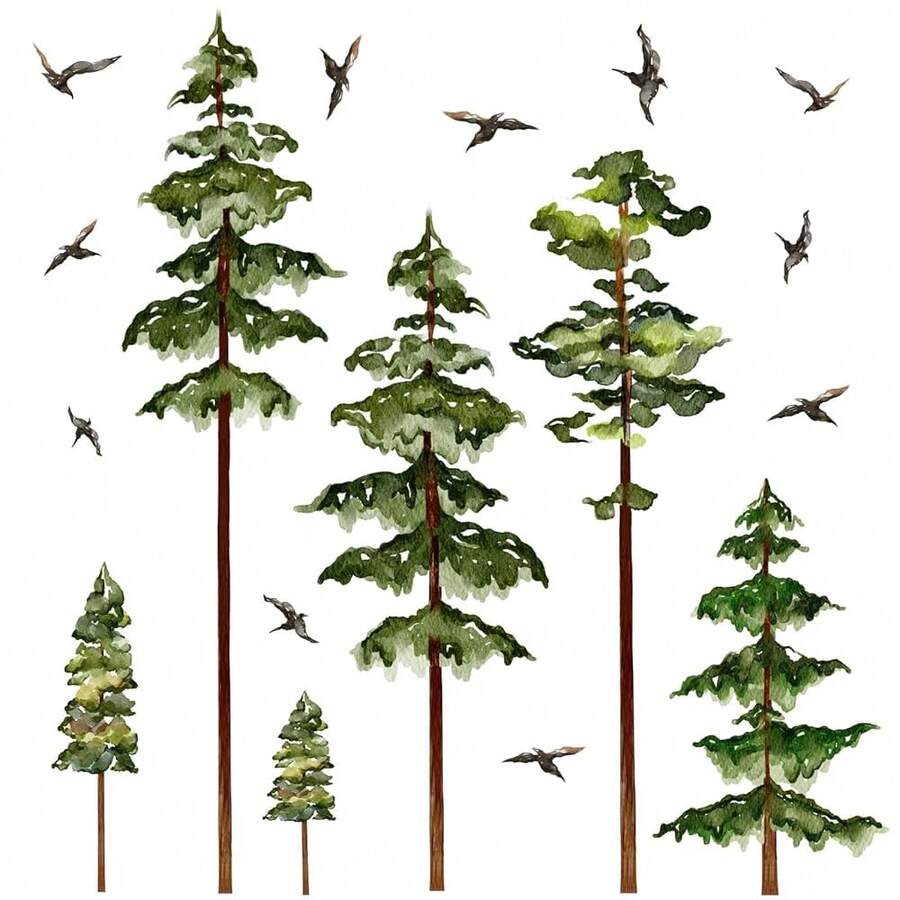 Large Pine Tree Wall Stickers Green Trees Wall Decals Peel And Stick Watercolor Birds Nature Giant Trees Decor Woodland Forest Sticker Green Tree Stickers For Living Room Bedroom Home Decor,WoodlandTree - 林地樹 - 查看 1