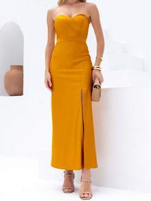 Strapless Maxi Dress With Slit, Trilobal Knit - Gold - View 2