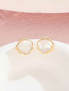1pair Sweet And Elegant Gold Copper Set Zirconia Shell Earrings Ear Studies Children's Jewelry Accessories Party Party Daily Travel Dress Up - Gold - View 5