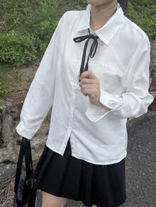 一套日系甜美可爱学生制服套装 - 宽松长袖上衣 + 修身百褶裙 + 领带，学生角色扮演服装套装，适合拍照、毕业典礼、花园约会、浪漫晚餐、俱乐部、化装舞会、情人节等场合。 - 彩色 - 查看 2