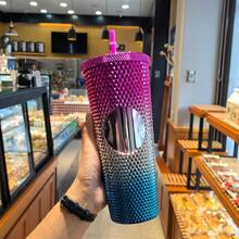 1个/710毫升大容量榴莲主题双层保温塑料杯，带吸管，夜光彩虹渐变旅行杯 - 适合居家、办公、聚会、旅行、车载、情人节和节日礼物 - 彩色 - 查看 2