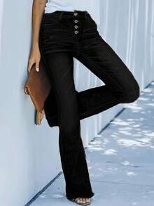Quần jeans ống loe cạp trung, màu trơn, co giãn dành cho nữ - Thanh lịch và gợi cảm, phù hợp cho cả mặc thường ngày và mặc ở nhà. - màu đen - Xem 4