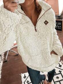 Pocket Pullover Sweatshirt, Casual Long Sleeve Teddy Sherpa Pullover For Women, Autumn/Winter, Half-Zip Fleece Sweatshirt, New Fall Fashion 2025 - White - View 2