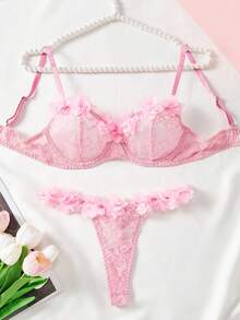Women's Sexy Lingerie Pink Bra Set, Exaggerated 3D Floral Lace Bra, Sweet & Charming Adjustable Panty, Romantic Intimate Bedroom Atmosphere - 粉色 - 查看 1