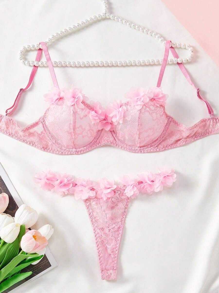 Women's Sexy Lingerie Pink Bra Set, Exaggerated 3D Floral Lace Bra, Sweet & Charming Adjustable Panty, Romantic Intimate Bedroom Atmosphere - 粉色 - 查看 1