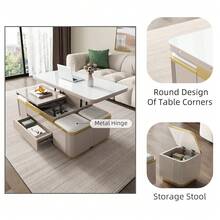 Guyii Modern Lift Top Coffee Table With 4 Storage Stools, Extendable Coffee Table With Wheels, 3-In-1 Multifunctional Center Table, Space Saving Folding Dining Table For Living Room, Easy Assembly - Grey - View 10