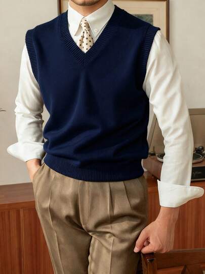 HUODA 男士休闲百搭纯色V领针织背心