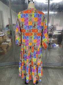 印花灯笼袖褶皱 A 字形连衣裙/优雅休闲宽松女式长袍 V 领长袖/别致夏季节日派对度假长袍 - 黃色 - 查看 1