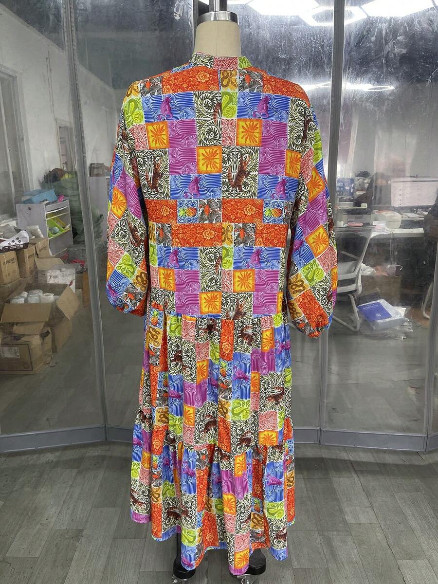 印花灯笼袖褶皱 A 字形连衣裙/优雅休闲宽松女式长袍 V 领长袖/别致夏季节日派对度假长袍 - 黃色 - 查看 1