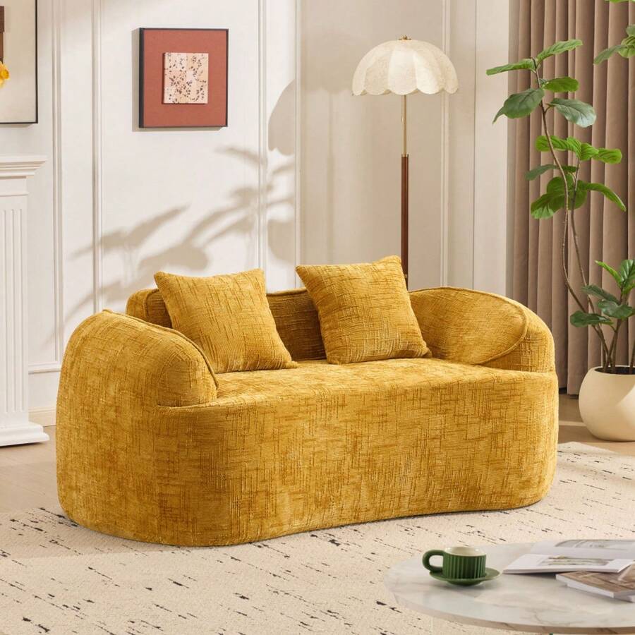 VelacasaBoneless Loveseat Sectional Sofa For Small Spaces – Modern Luxury Plush Chenille Curved Cloud Design, Extra Deep Seat, 2 Throw Pillows, No Assembly, Sectional Couches For Living Rooms, - 黃色 + 泡棉 + 彈簧 + 2 個座椅 + 泡棉 - 查看 1