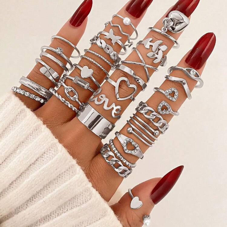 Juego de 27 piezas de anillos de estilo bohemio con diseño de amor para mujeres - Plateado - Añade 7