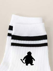 Disney 1/5 双动漫联名款，朱迪、尼克、闪电侠、博戈警长、贝尔韦瑟助理市长儿童中筒袜套装，黑白简约素描风格，白色双条纹袜，白色袜子，吸汗透气速干，运动休闲风，日常穿着/派对礼物 - 彩色 - 查看 10