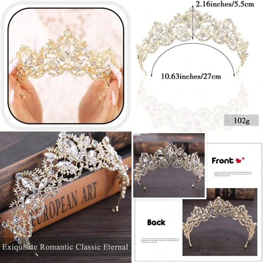 Aukmla Wedding Hair Accessories Bride Crowns Flower Queen Tiaras Headpiece for Women (Gold)(default) - Multicolor - Ver 1
