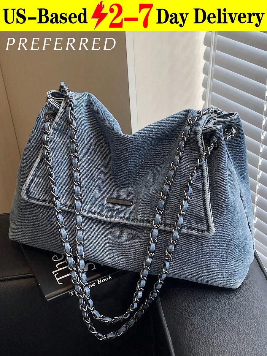 New Fashion Casual Solid Color Denim Effect Metal Chain Strap Flap Cover Women Shoulder Bag,Stylish And Versatile, Large Capacity, Suitable For Commuting, Shopping, And Students. - 彩色 - 查看 1